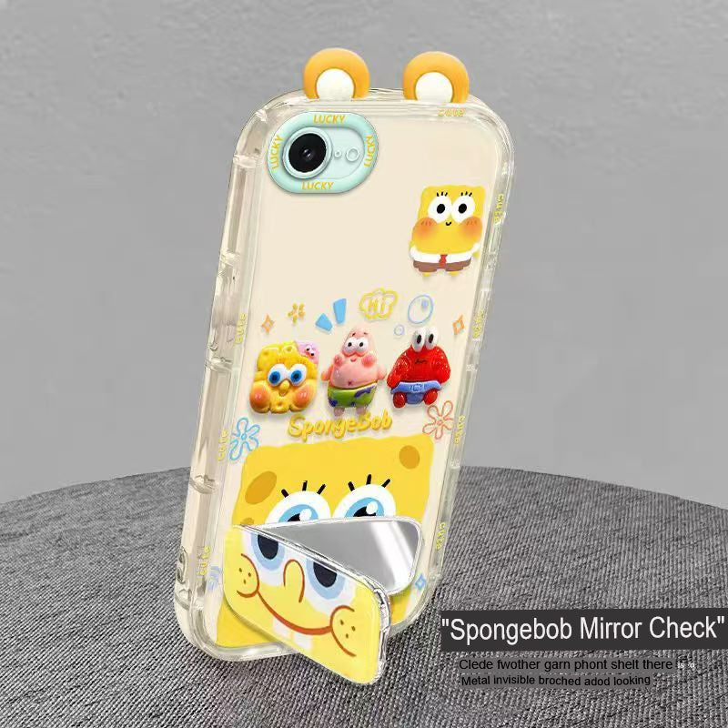 Phone Case for iPhone 16e/se4 Cute 3D SpongeBob And Patrick Mirror Stand TPU Soft Silicone Anti Fall Protective Cover