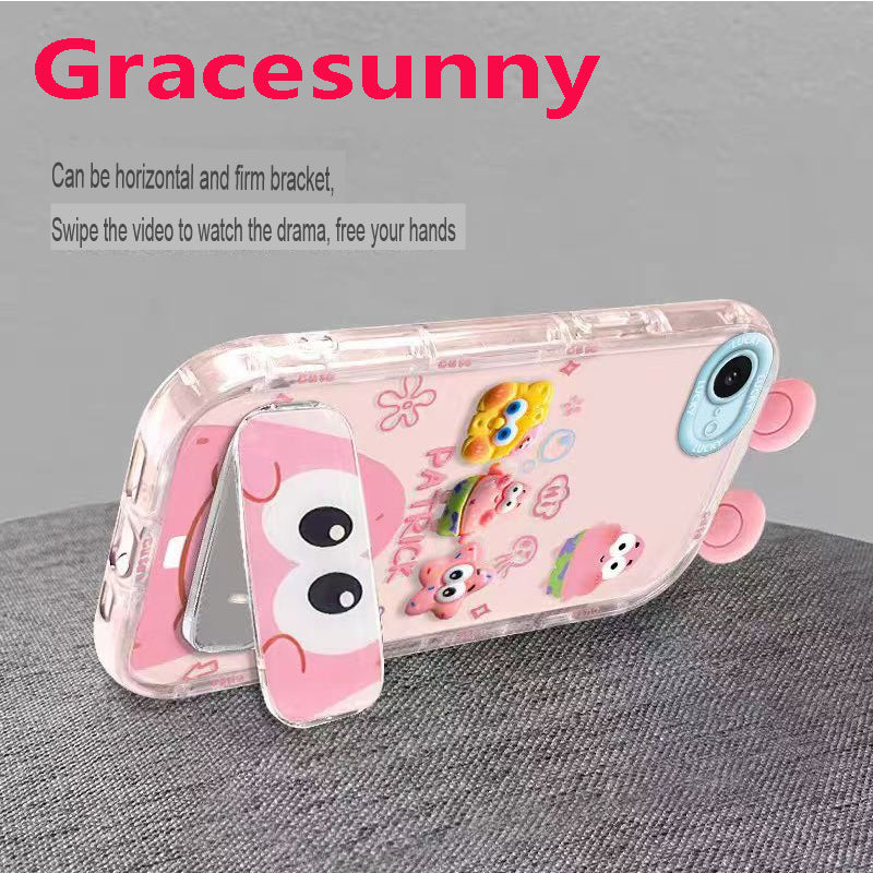 Phone Case for iPhone 16e/se4 Cute 3D SpongeBob And Patrick Mirror Stand TPU Soft Silicone Anti Fall Protective Cover
