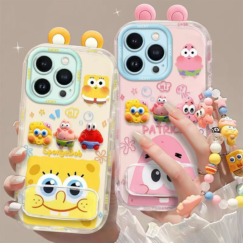 Phone Case for iPhone 13 Pro Max, Cute 3D SpongeBob And Patrick Mirror Stand TPU Soft Silicone Anti Fall Protective Cover