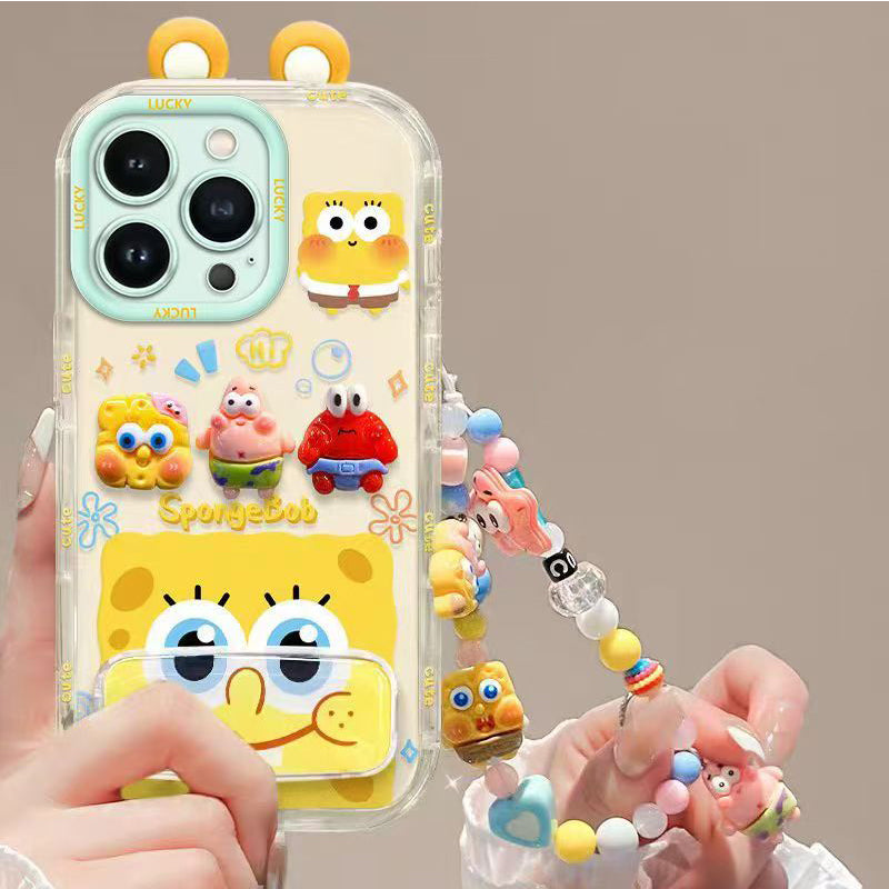 Phone Case for iPhone 13 Pro, Cute 3D SpongeBob And Patrick Mirror Stand TPU Soft Silicone Anti Fall Protective Cover