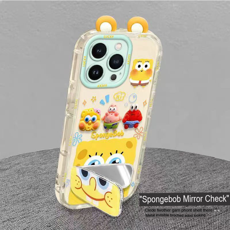 Phone Case for iPhone 15 Pro Max 15 Pro Cute 3D SpongeBob And Patrick Mirror Stand TPU Soft Silicone Anti Fall Protective Cover