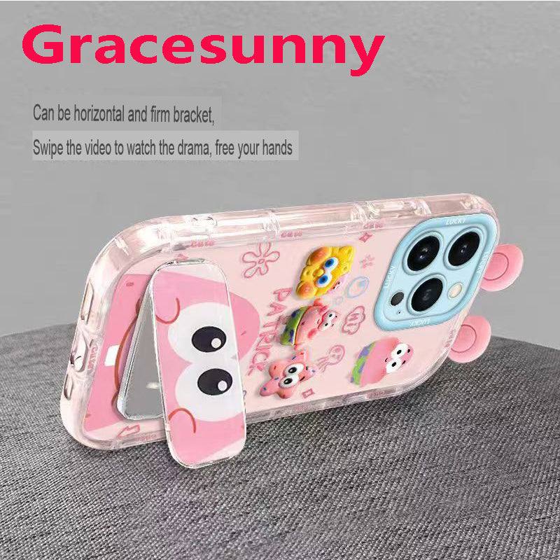 Phone Case for iPhone 13 Pro Max, Cute 3D SpongeBob And Patrick Mirror Stand TPU Soft Silicone Anti Fall Protective Cover