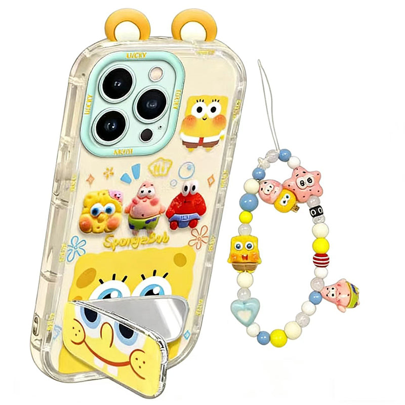 Phone Case for iPhone 16 Pro Max 16 Pro Cute 3D SpongeBob And Patrick Mirror Stand TPU Soft Silicone Anti Fall Protective Cover