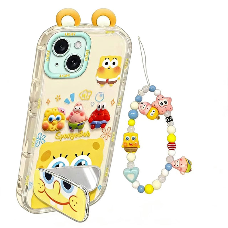 Phone Case for iPhone 13 Mini, Cute 3D SpongeBob And Patrick Mirror Stand TPU Soft Silicone Anti Fall Protective Cover