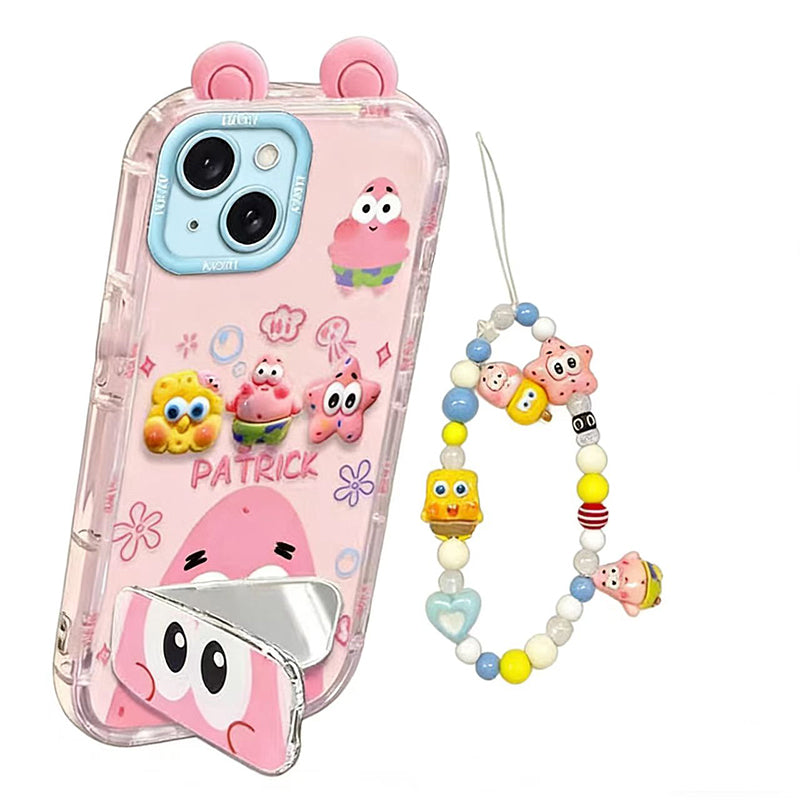Phone Case for iPhone 15 15 Plus Cute 3D SpongeBob And Patrick Mirror Stand TPU Soft Silicone Anti Fall Protective Cover