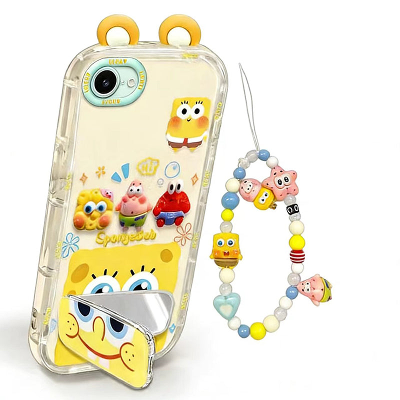 Phone Case for iPhone 16e/se4 Cute 3D SpongeBob And Patrick Mirror Stand TPU Soft Silicone Anti Fall Protective Cover