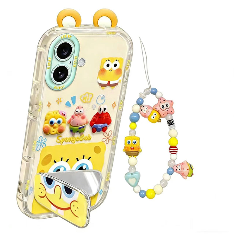 Phone Case for iPhone 16 Plus Cute 3D SpongeBob And Patrick Mirror Stand TPU Soft Silicone Anti Fall Protective Cover