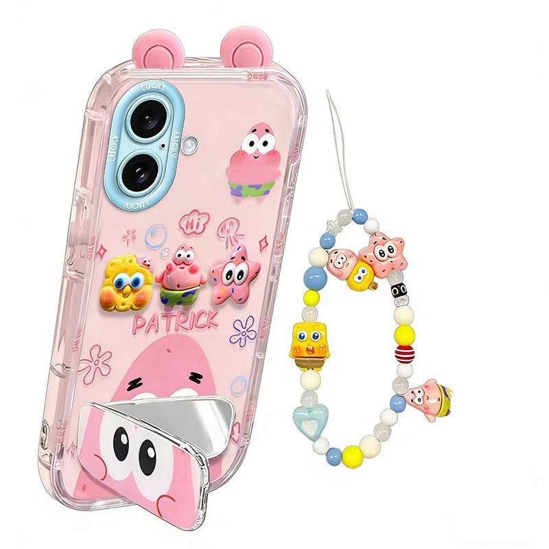Phone Case for iPhone 16 Plus Cute 3D SpongeBob And Patrick Mirror Stand TPU Soft Silicone Anti Fall Protective Cover
