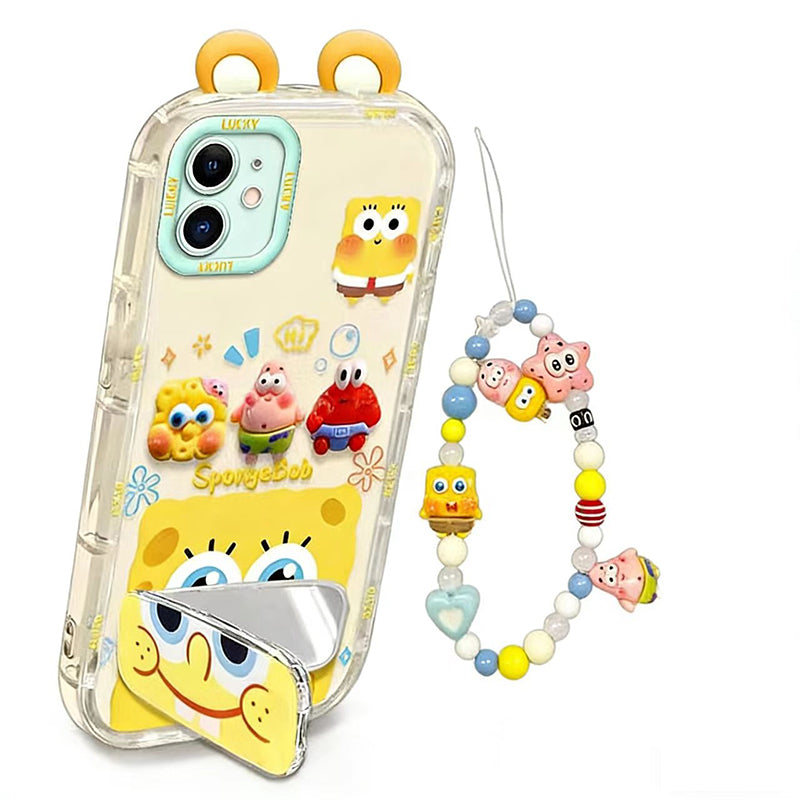 Phone Case for iPhone 12, Cute 3D SpongeBob And Patrick Mirror Stand TPU Soft Silicone Anti Fall Protective CoverC