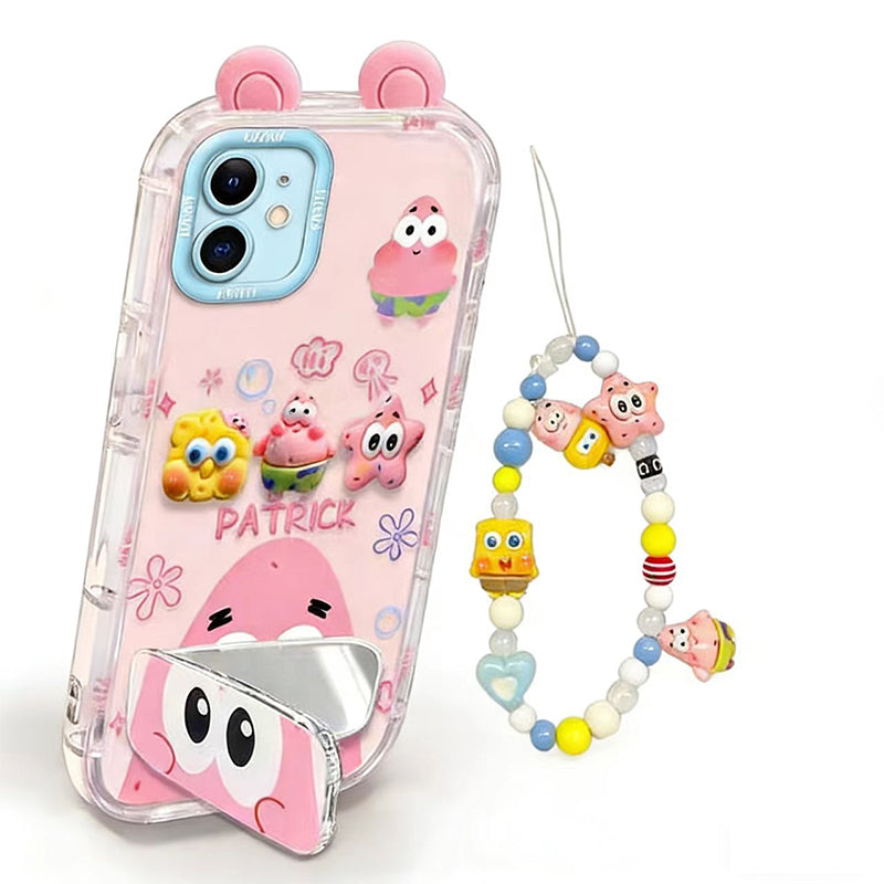 Phone Case for iPhone 12, Cute 3D SpongeBob And Patrick Mirror Stand TPU Soft Silicone Anti Fall Protective CoverC