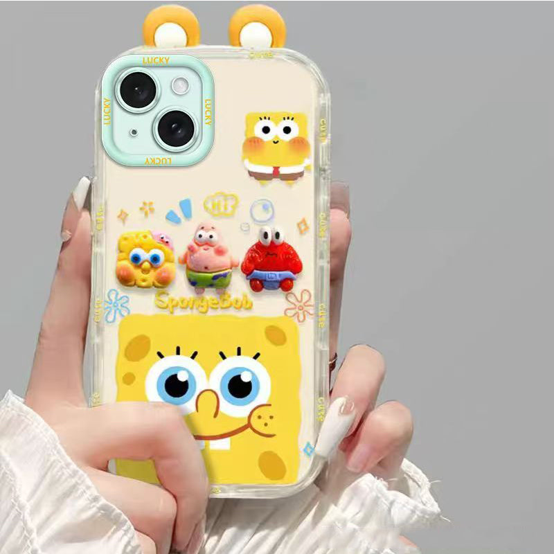 Phone Case for iPhone 13 Cute 3D SpongeBob And Patrick Mirror Stand TPU Soft Silicone Anti Fall Protective Cover