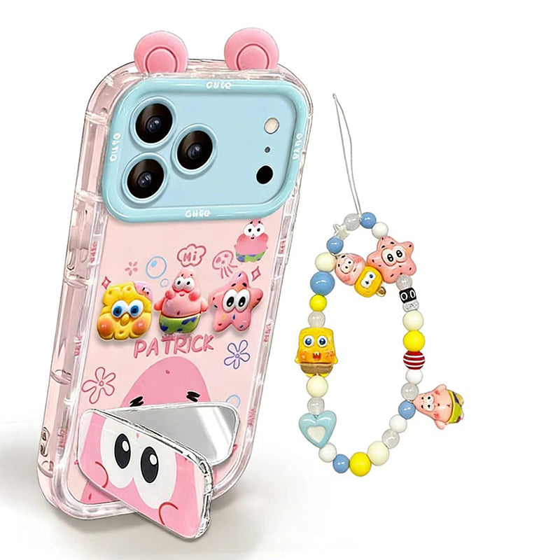 Phone Case for iPhone 17 Pro Max 17 Pro Cute 3D SpongeBob And Patrick Mirror Stand TPU Soft Silicone Anti Fall Protective Cover
