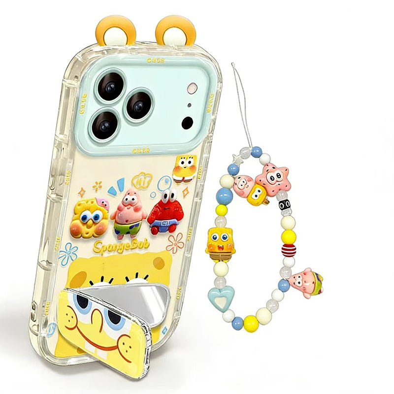 Phone Case for iPhone 17 Pro Max 17 Pro Cute 3D SpongeBob And Patrick Mirror Stand TPU Soft Silicone Anti Fall Protective Cover