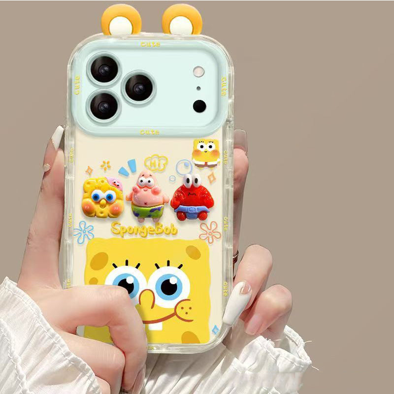 Phone Case for iPhone 17 Pro Max 17 Pro Cute 3D SpongeBob And Patrick Mirror Stand TPU Soft Silicone Anti Fall Protective Cover
