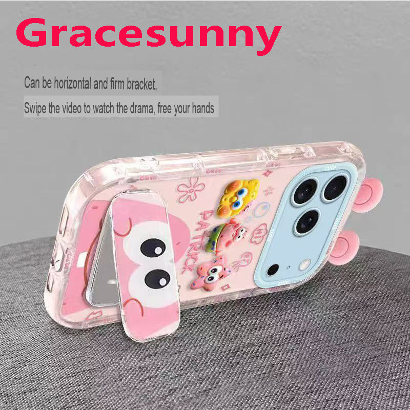 Phone Case for iPhone 17 Pro Max 17 Pro Cute 3D SpongeBob And Patrick Mirror Stand TPU Soft Silicone Anti Fall Protective Cover