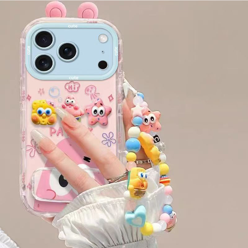 Phone Case for iPhone 17 Pro Max 17 Pro Cute 3D SpongeBob And Patrick Mirror Stand TPU Soft Silicone Anti Fall Protective Cover