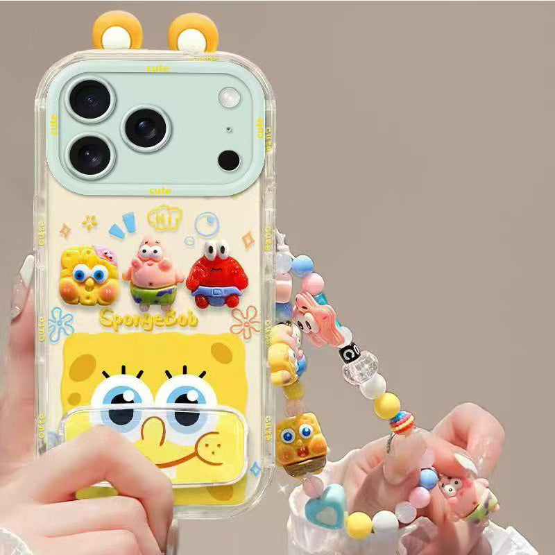 Phone Case for iPhone 17 Pro Max 17 Pro Cute 3D SpongeBob And Patrick Mirror Stand TPU Soft Silicone Anti Fall Protective Cover