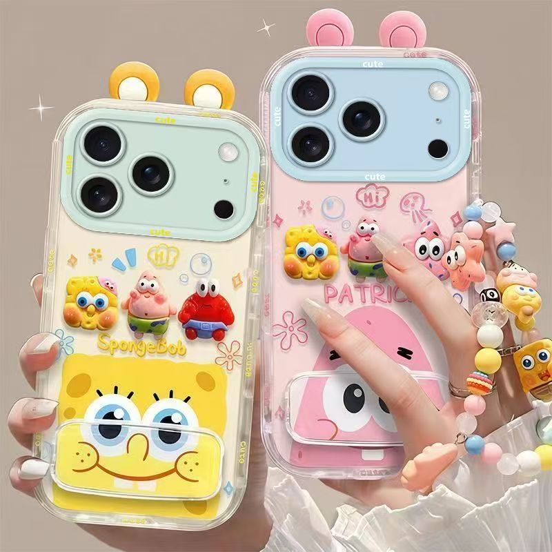 Phone Case for iPhone 17 Pro Max 17 Pro Cute 3D SpongeBob And Patrick Mirror Stand TPU Soft Silicone Anti Fall Protective Cover