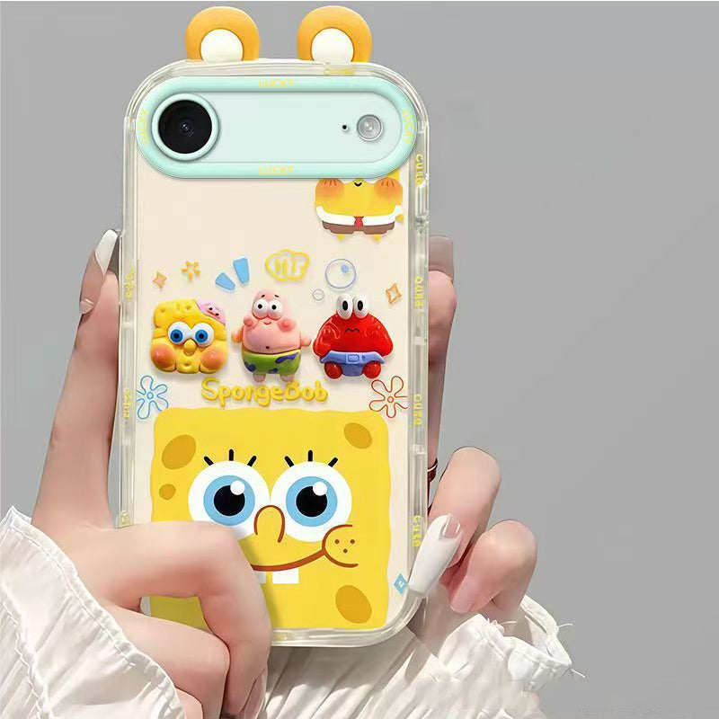 Phone Case for iPhone 17 Air Cute 3D SpongeBob And Patrick Mirror Stand TPU Soft Silicone Anti Fall Protective Cover