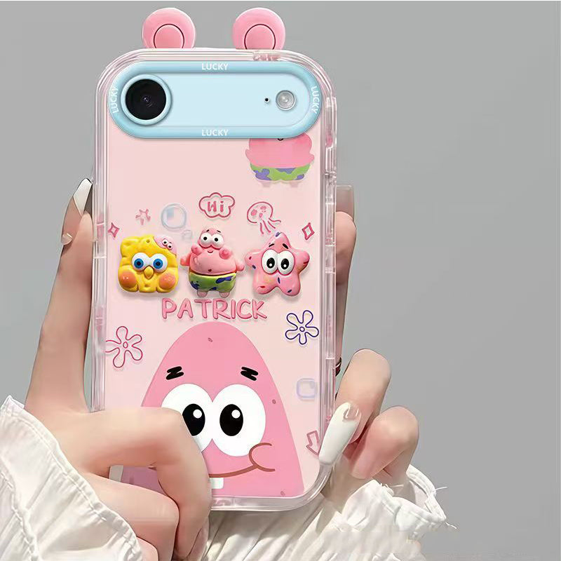 Phone Case for iPhone 17 Air Cute 3D SpongeBob And Patrick Mirror Stand TPU Soft Silicone Anti Fall Protective Cover