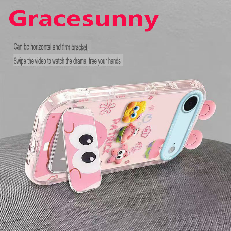 Phone Case for iPhone 17 Air Cute 3D SpongeBob And Patrick Mirror Stand TPU Soft Silicone Anti Fall Protective Cover