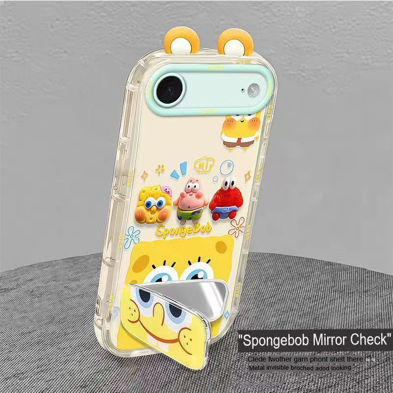 Phone Case for iPhone 17 Air Cute 3D SpongeBob And Patrick Mirror Stand TPU Soft Silicone Anti Fall Protective Cover