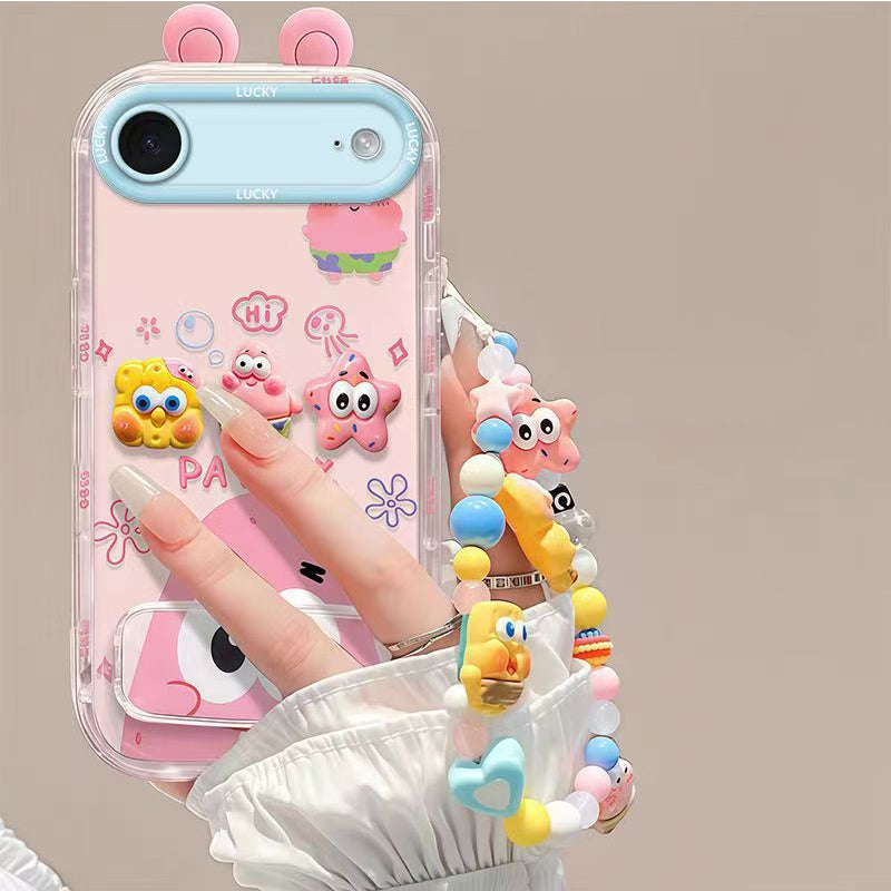 Phone Case for iPhone 17 Air Cute 3D SpongeBob And Patrick Mirror Stand TPU Soft Silicone Anti Fall Protective Cover