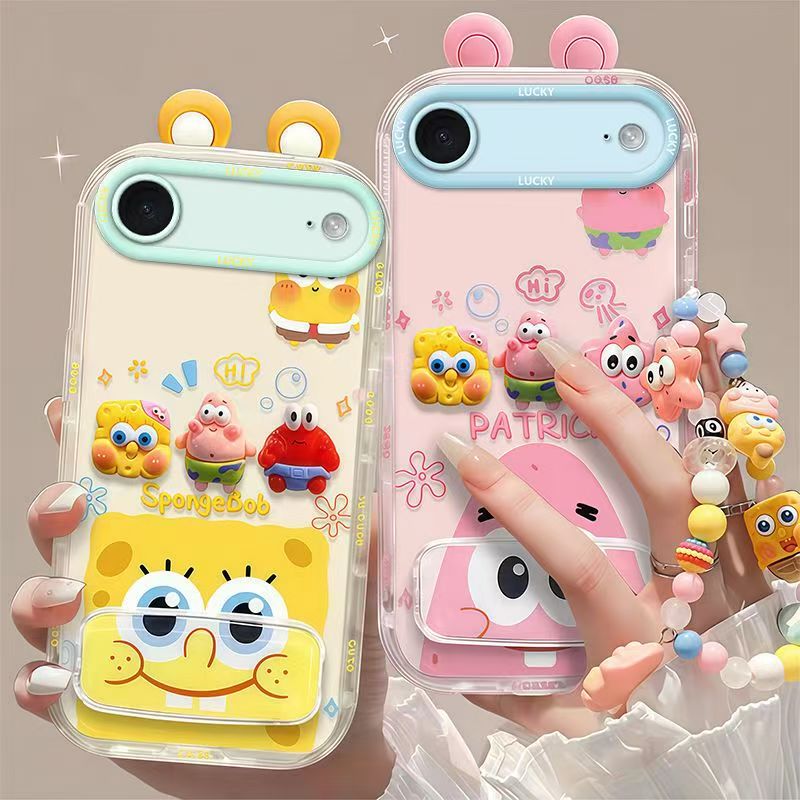 Phone Case for iPhone 17 Air Cute 3D SpongeBob And Patrick Mirror Stand TPU Soft Silicone Anti Fall Protective Cover