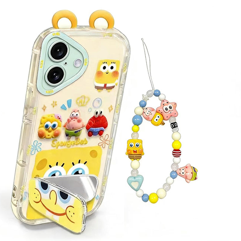 Phone Case for iPhone 17 Cute 3D SpongeBob And Patrick Mirror Stand TPU Soft Silicone Anti Fall Protective Cover