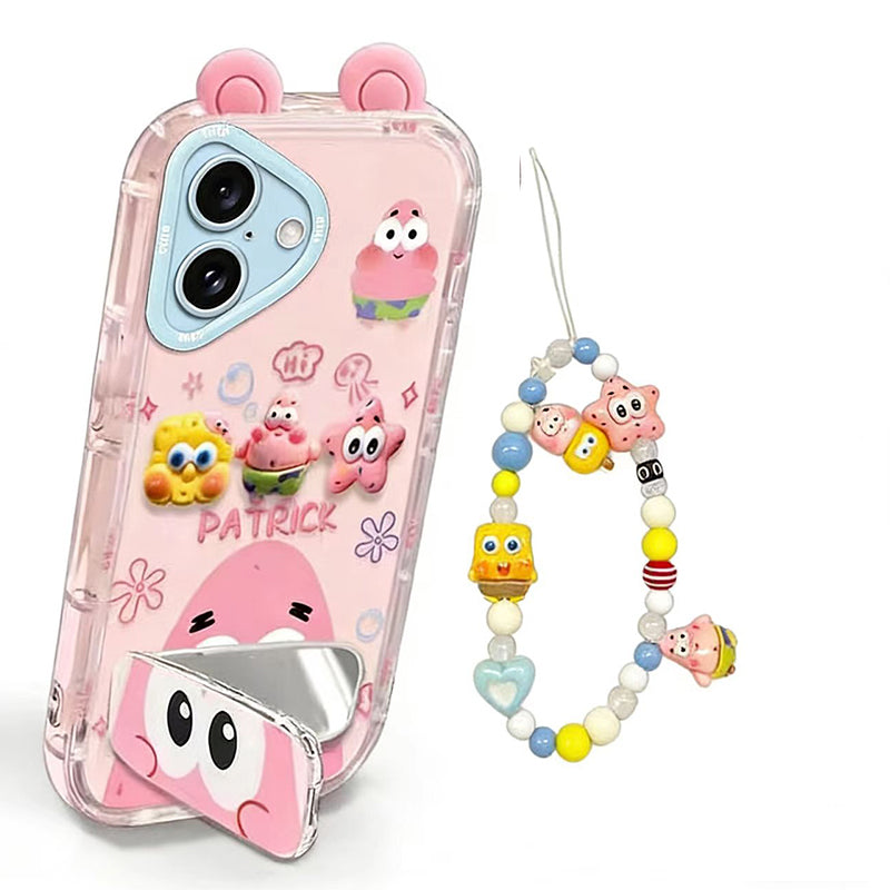 Phone Case for iPhone 17 Cute 3D SpongeBob And Patrick Mirror Stand TPU Soft Silicone Anti Fall Protective Cover
