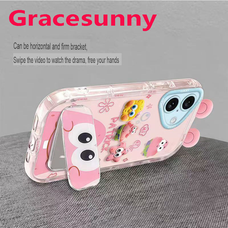 Phone Case for iPhone 17 Cute 3D SpongeBob And Patrick Mirror Stand TPU Soft Silicone Anti Fall Protective Cover