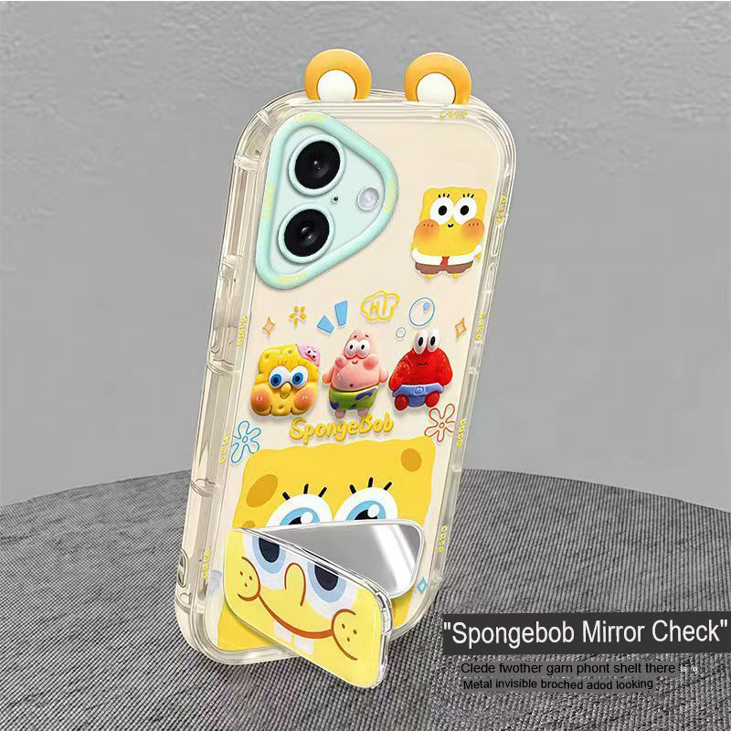 Phone Case for iPhone 17 Cute 3D SpongeBob And Patrick Mirror Stand TPU Soft Silicone Anti Fall Protective Cover