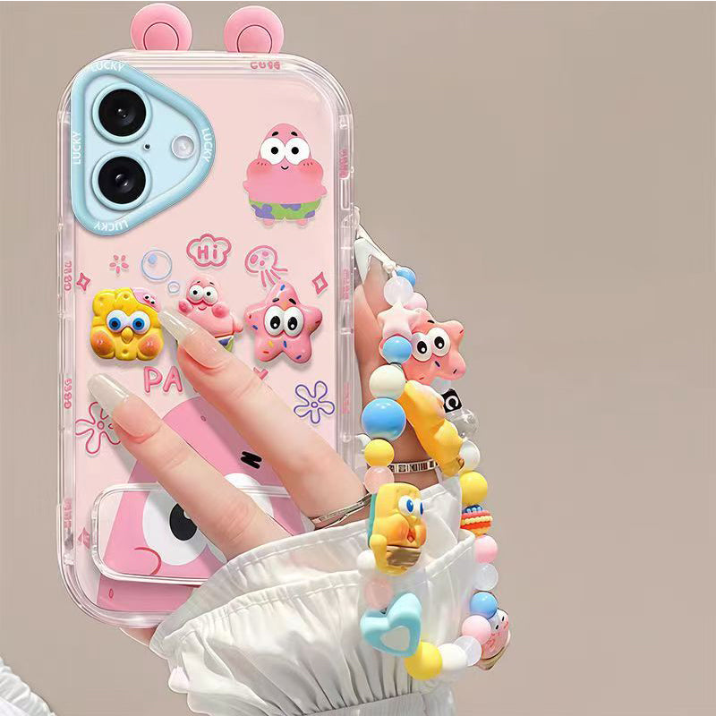 Phone Case for iPhone 17 Cute 3D SpongeBob And Patrick Mirror Stand TPU Soft Silicone Anti Fall Protective Cover