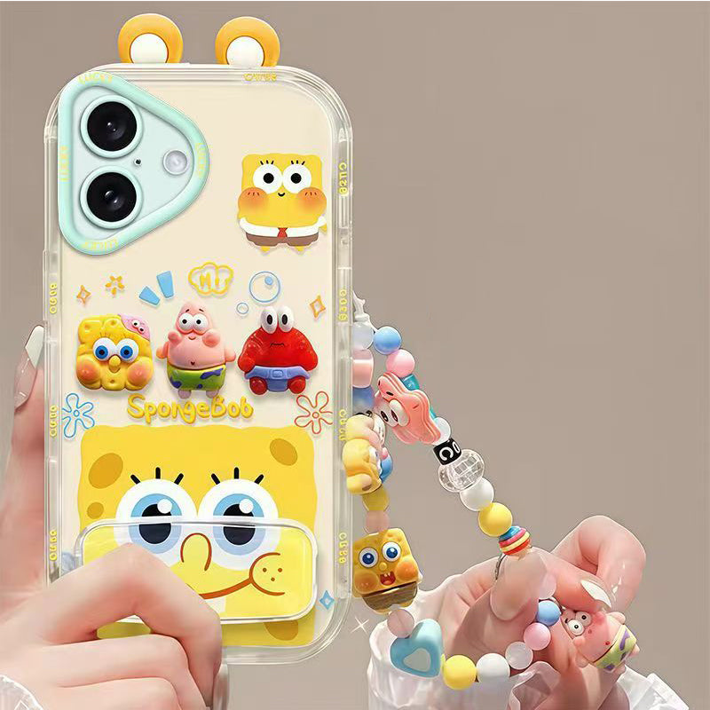 Phone Case for iPhone 17 Cute 3D SpongeBob And Patrick Mirror Stand TPU Soft Silicone Anti Fall Protective Cover
