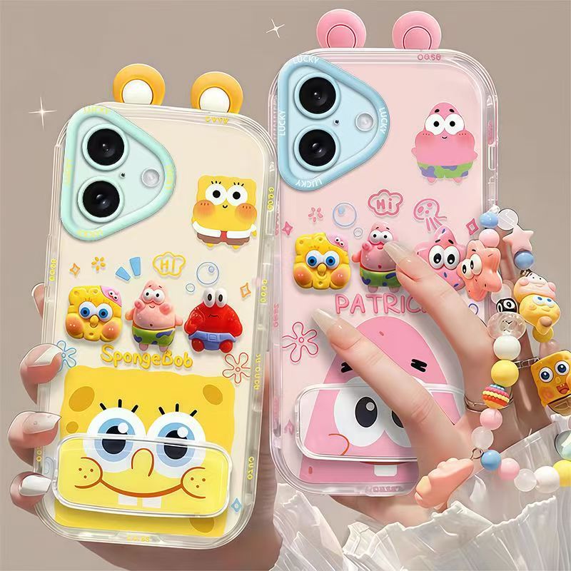 Phone Case for iPhone 17 Cute 3D SpongeBob And Patrick Mirror Stand TPU Soft Silicone Anti Fall Protective Cover