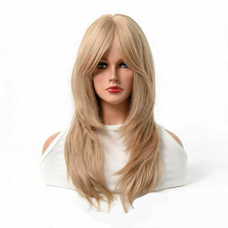 Womans Long Layered Ash Blonde Wig with Bangs, Heat Resistant Synthetic Hair, Natural Looking Wig for Daily Wear & Party
