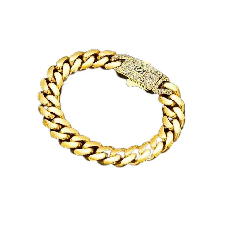 Luxury Iced Out Cuban Link Chain Set, Gold Plated CZ Diamond Necklace and Bracelet, Hip Hop Streetwear Jewelry Gift