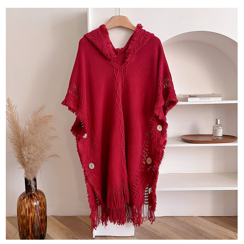 Autumn Winter Women Knitted Cape Shawl Wrap Cloak Ethnic Hooded Poncho
