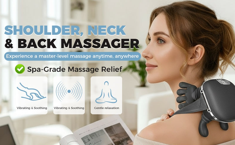 4D bionic neck massager with heat, simulates real hand massage. 3 intensities & 2 heat levels to relax muscle tension