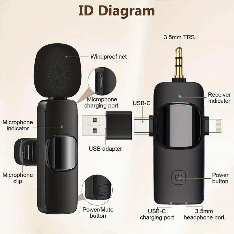 3 in 1 Wireless Lavalier Microphones Noise Canceling Mic