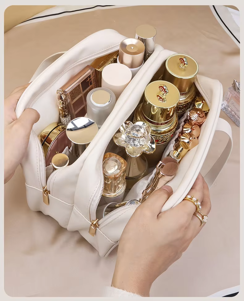 New Double-layer Portable Storage Fashionable PU Storage Bag with Hand Enhanced Appearance for Grooming and Storage