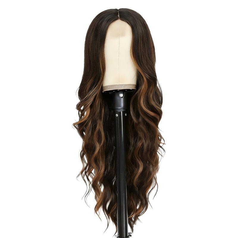 Fashionable Wig with Highlights, Long Wavy Curls, and a Full-Head Lace Synthetic Wig