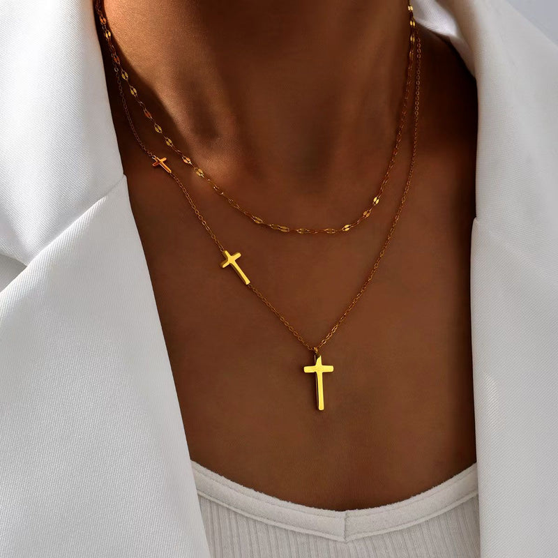 Layered Cross Necklace for Woman - Gold Titanium Steel Gift Jewelry