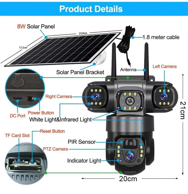 9MP Solar Security Camera Outdoor 4G/Wifi Human Detect Cameras Night Vision