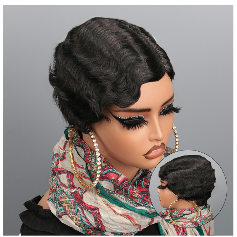 Short Finger Wave Wig Human Hair Wig For Woman Brown Short Ocean Wave Wig