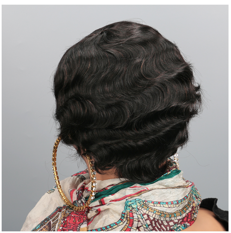 Short Finger Wave Wig Human Hair Wig For Woman Brown Short Ocean Wave Wig