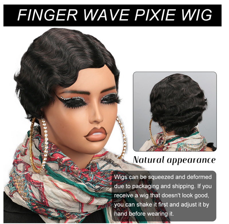 Short Finger Wave Wig Human Hair Wig For Woman Brown Short Ocean Wave Wig