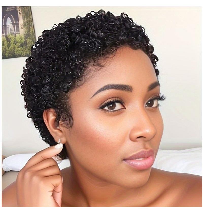 IPSTYLE Short Afro Curly Human Hair Wig 150% Density Remy Hair Machine Pixie Cut