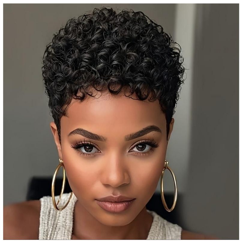 IPSTYLE Short Afro Curly Human Hair Wig 150% Density Remy Hair Machine Pixie Cut