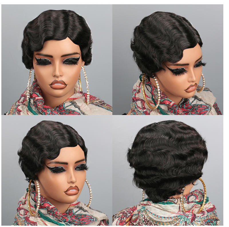 Short Finger Wave Wig Human Hair Wig For Woman Brown Short Ocean Wave Wig